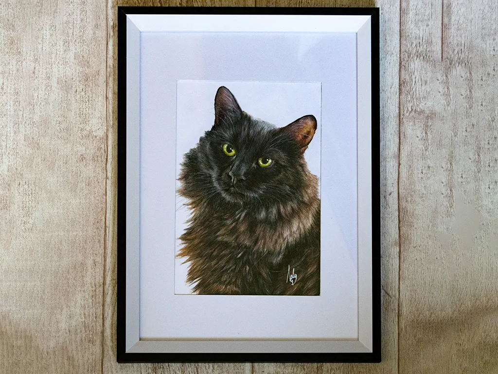retrato de gato pintado con prismacolor