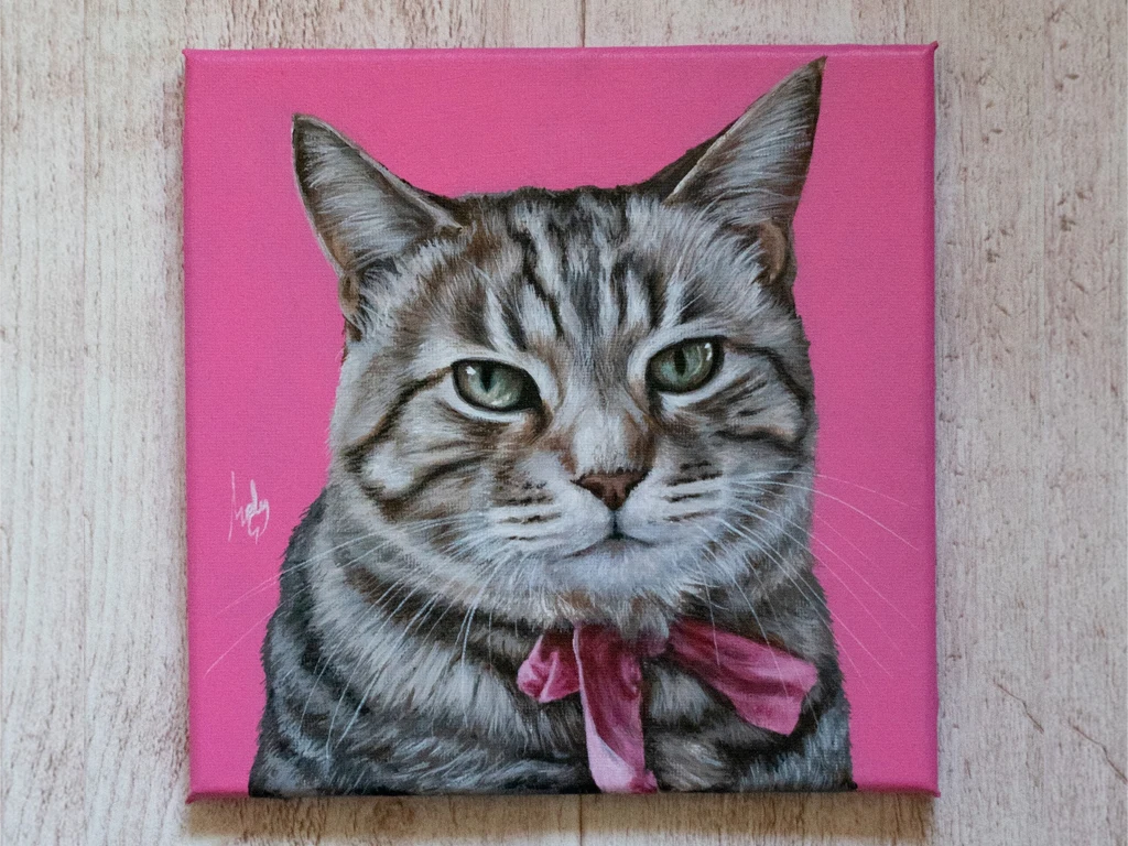 retrato de gato pintado con acrilico