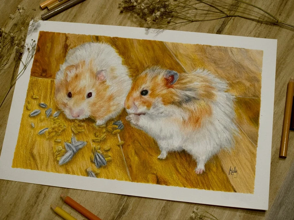 retrato de hamsters pintado con prismacolor