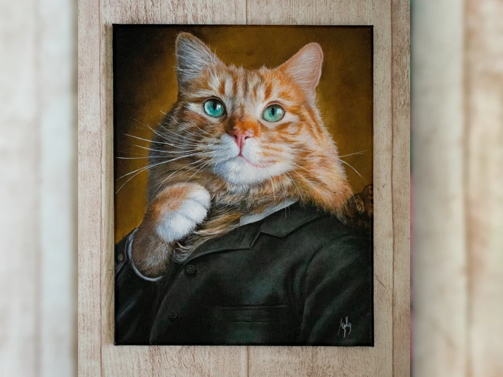 retrato de gato ropa elegante pintado con acrilico