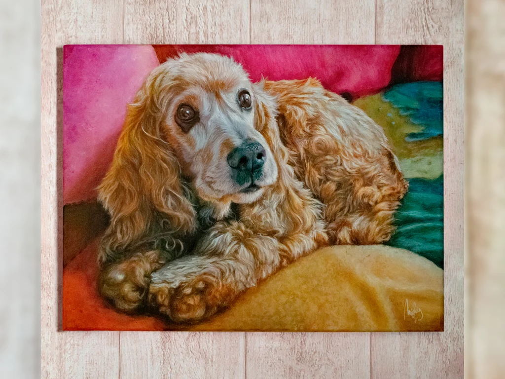 retrato de perro pintado con acrilico