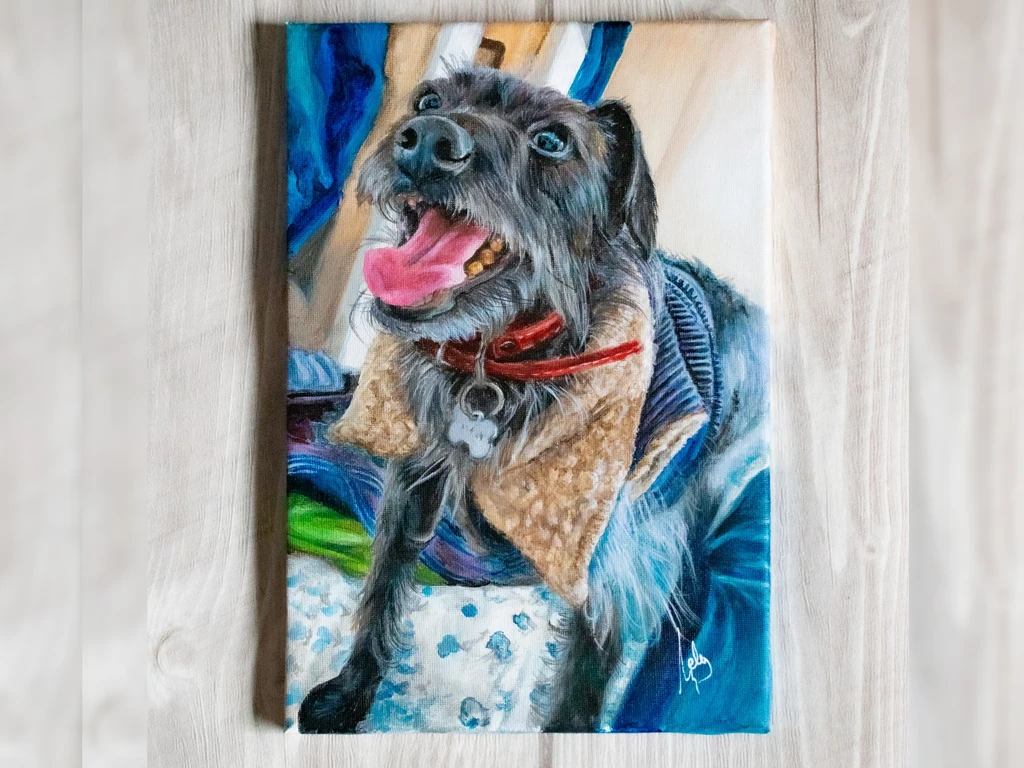 retrato de perro pintado con acrilico