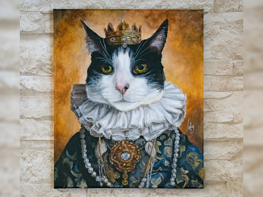 retrato de gato con ropa de rey pintado con acrilico