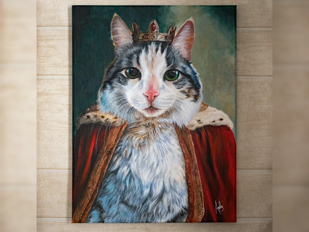 retrato de gato con corona pintado con acrilico