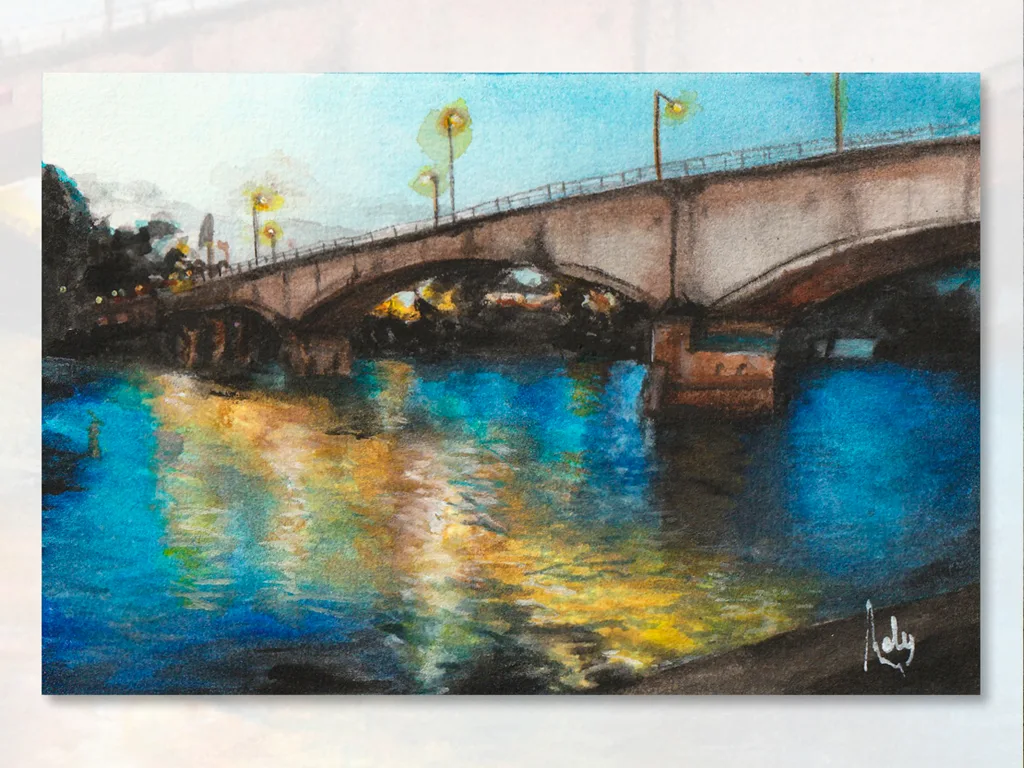 pintura de puente calle calle acuarela
